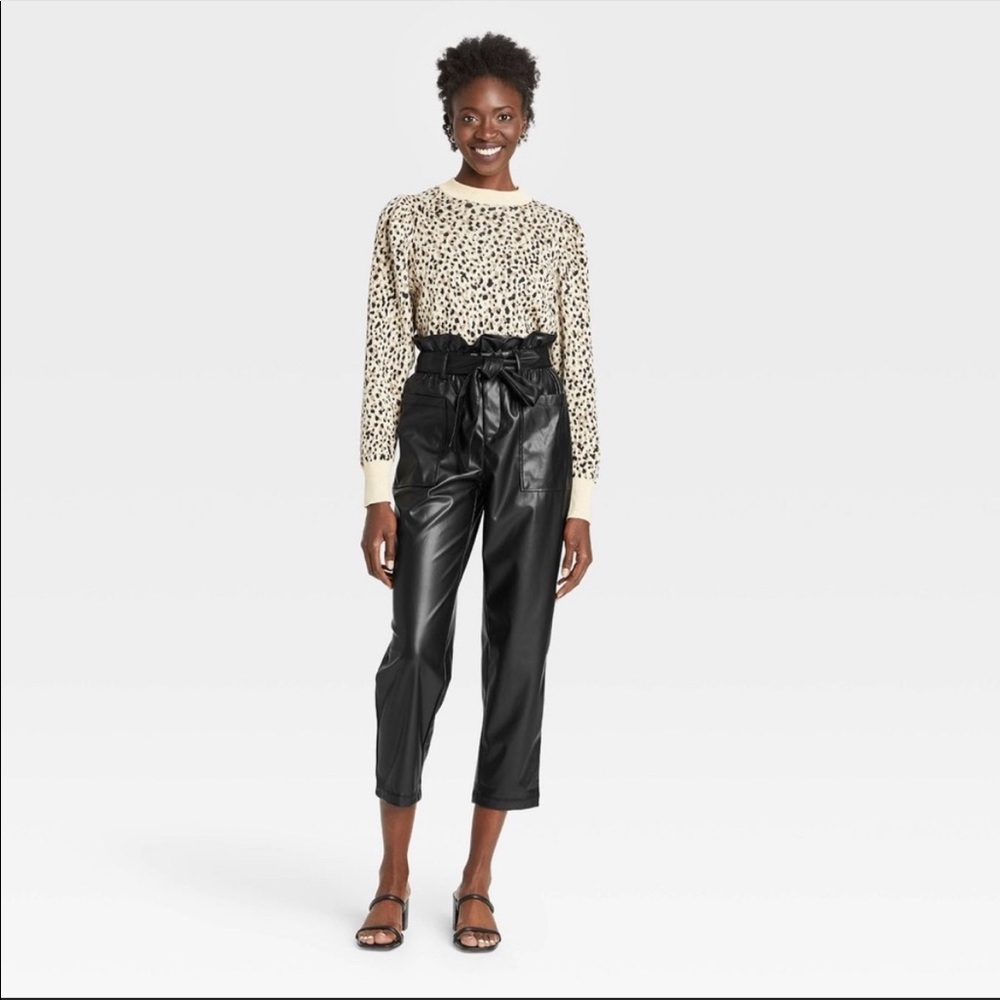 Black Cropped Paper Bag Style Belted Pleather Pants Size 14